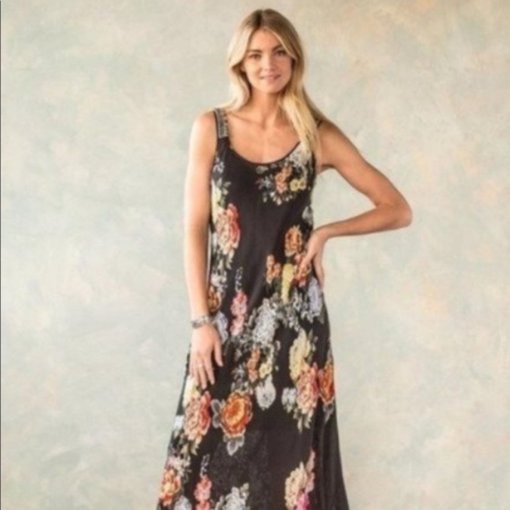 Johnny Was Black Maxi Dress with Colorful Floral Patterns